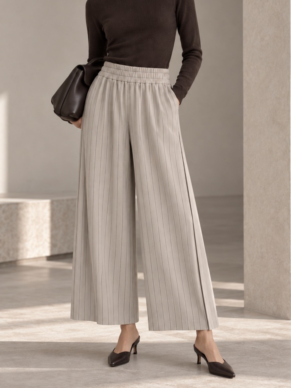 COS Cropped Wide Leg Pinstripe Pants Beige Elastic Waist Minimalist Small